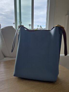 Tory Burch Blue Leather Shoulder Bag with Brown And Green Strap